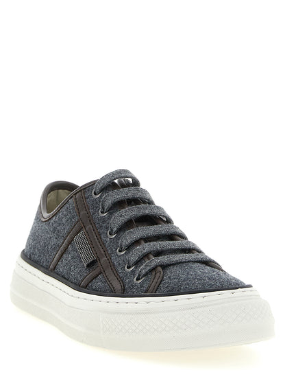 Sneakers by Brunello Cucinelli for women in virgin wool & leather gray & signature features a chic design, perfectly showcasing the chic low-top style of this Monile Women's Low Top Virgin Wool & Leather Sneakers.