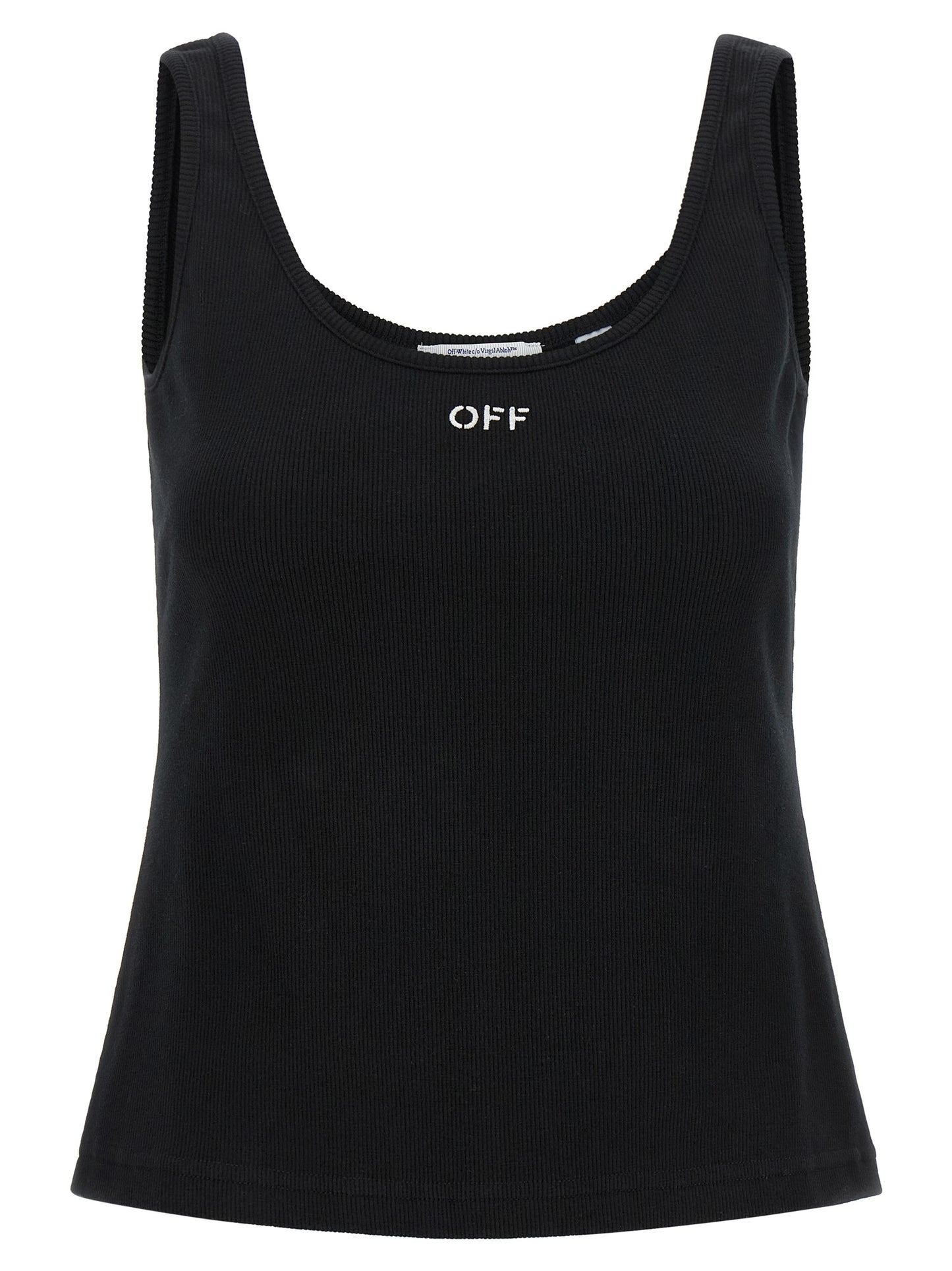 Tank Top by Off-White for women in stretch cotton black & white showcases a perennial silhouette, artfully detailed with a sleeveless design and a perennial .
