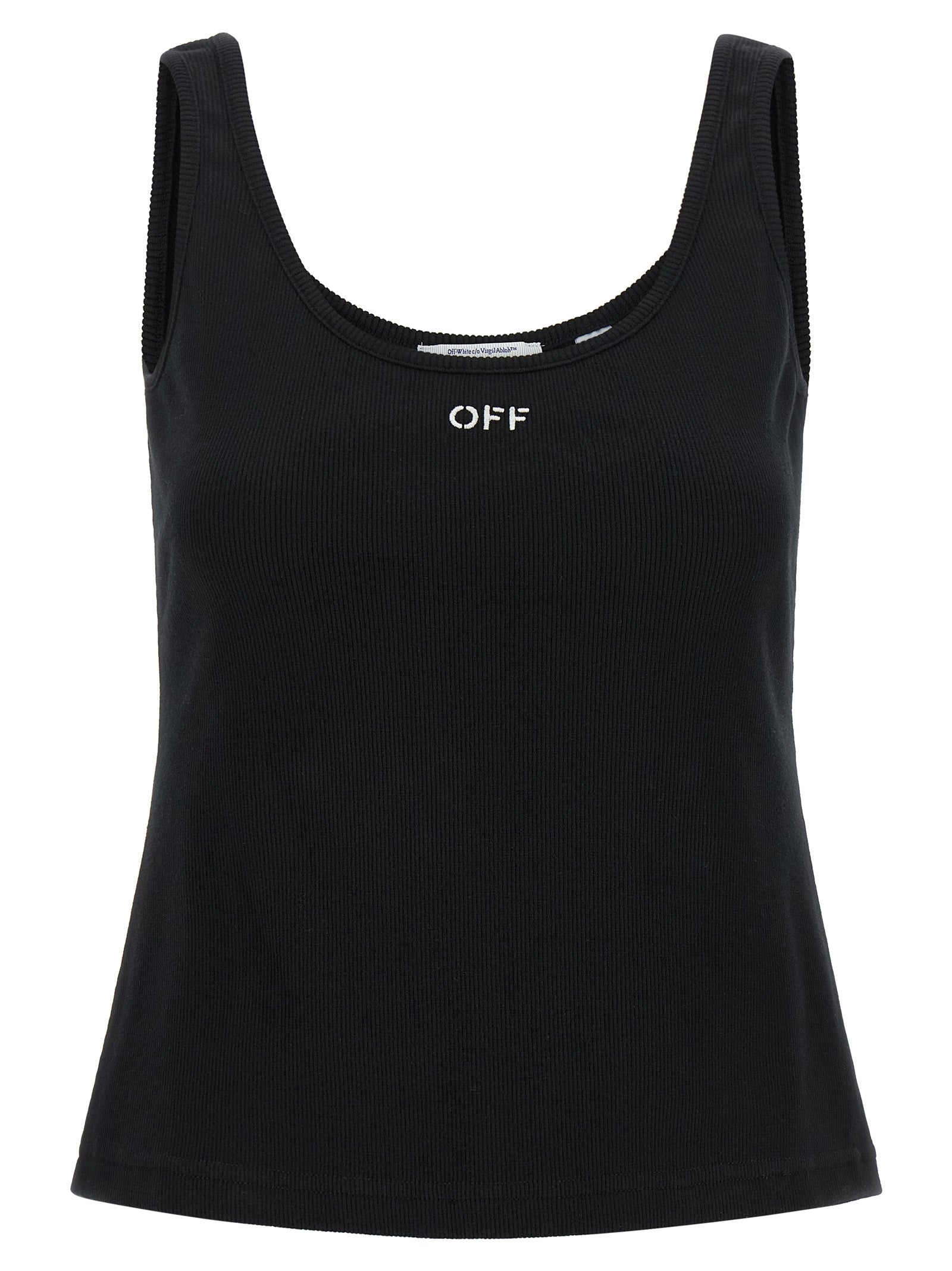 Tank Top by Off-White for women in stretch cotton black & white showcases a perennial silhouette, artfully detailed with a sleeveless design and a perennial .