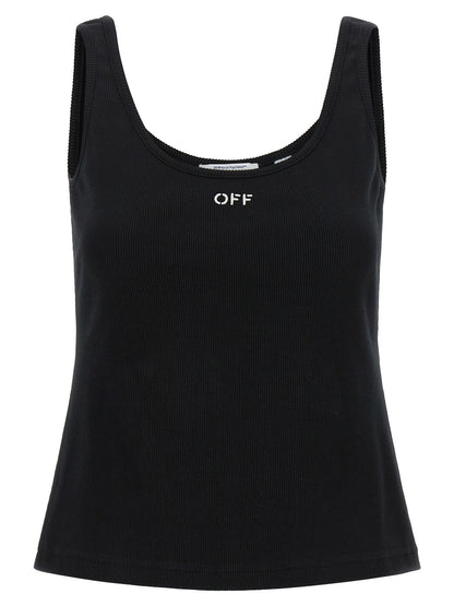 Tank Top by Off-White for women in stretch cotton black & white showcases a perennial silhouette, artfully detailed with a sleeveless design and a perennial .