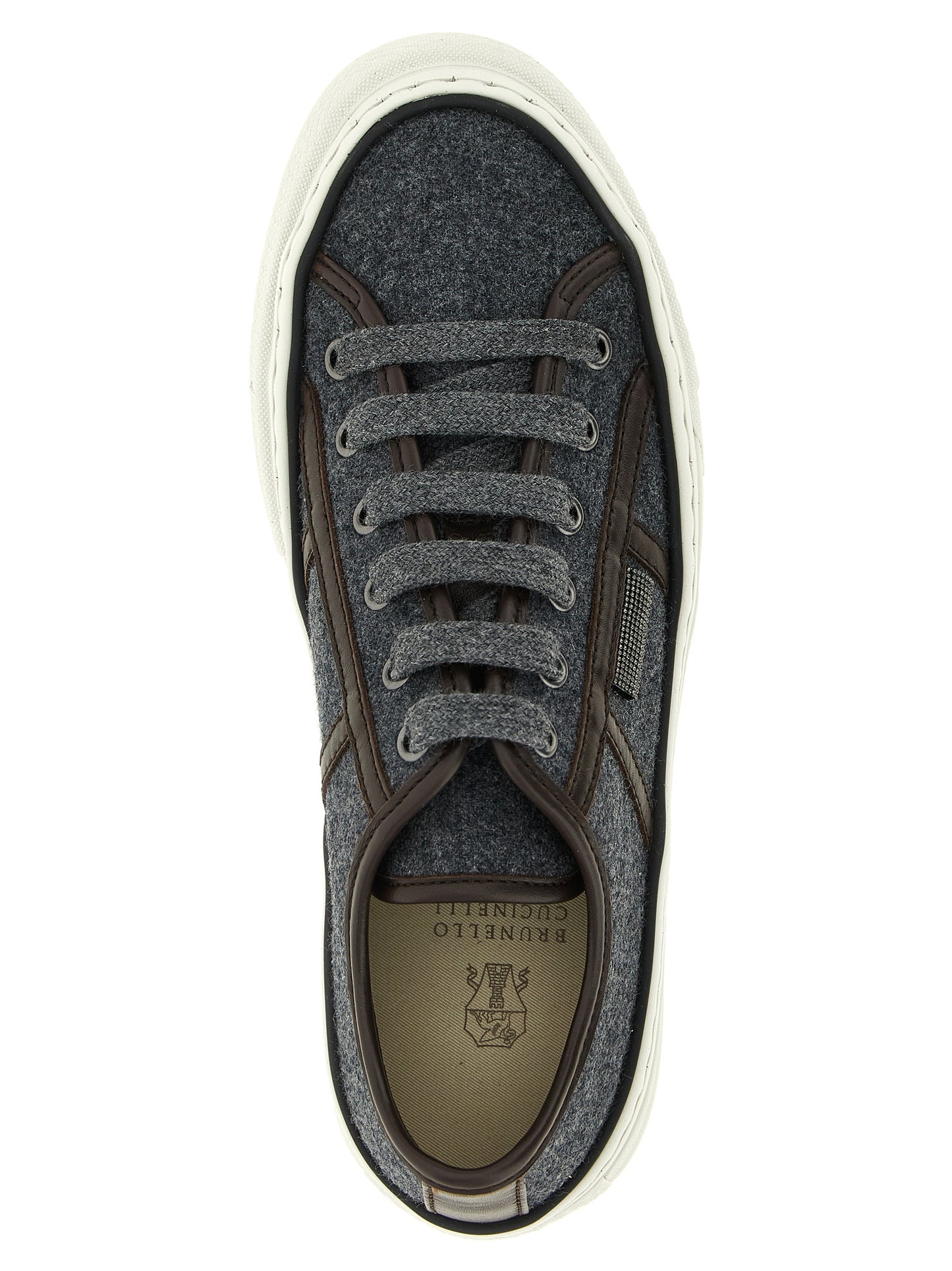 Sneakers by Brunello Cucinelli for women in virgin wool & leather gray & signature features an timeless silhouette from the Monile Women's Low Top Virgin Wool & Leather Sneakers collection, showcasing a signature low-top style with an timeless finish.
