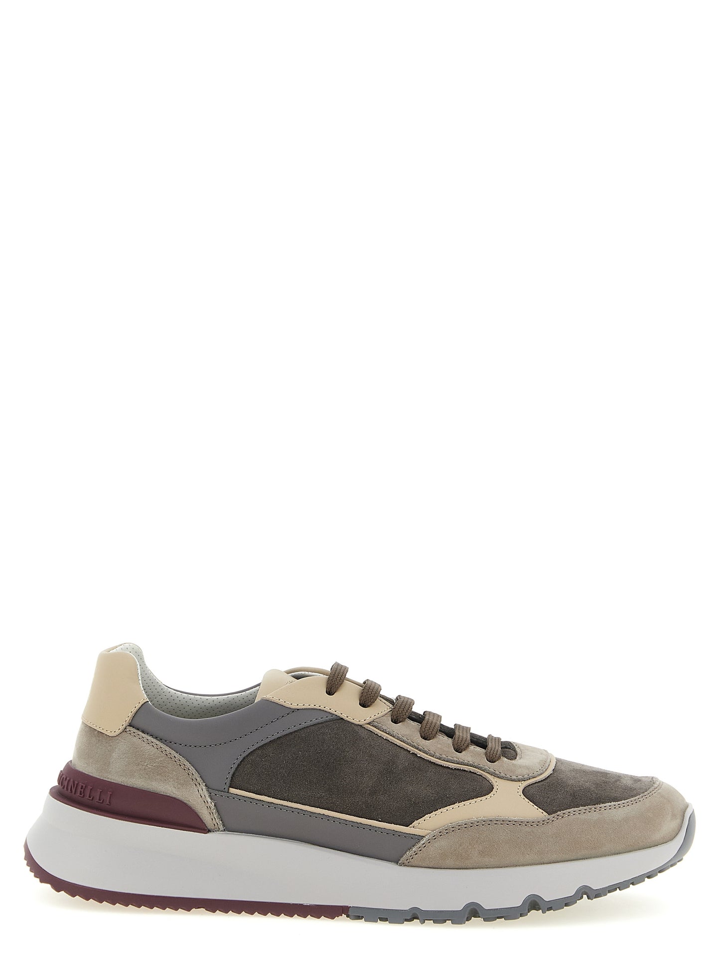 Athletic Sneakers by Brunello Cucinelli for men in nappa & suede calfskin leather burgundy, gray, multicolor & sand features an timeless silhouette from the Men's Athletic Nappa & Suede Calfskin Leather Sneakers collection, showcasing a timeless athletic style for a timeless look.