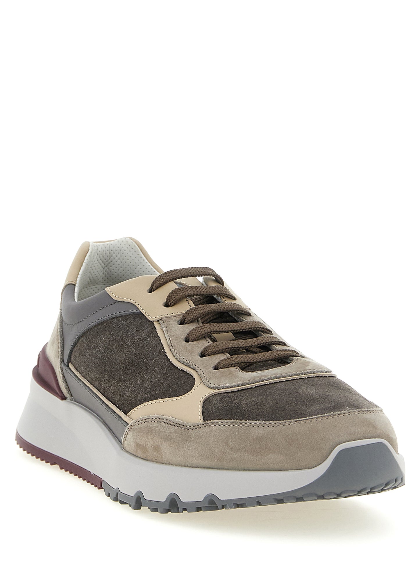 Athletic Sneakers by Brunello Cucinelli for men in nappa & suede calfskin leather burgundy, gray, multicolor & sand features an exquisite silhouette, showcasing the premium athletic style of the Men's Athletic Nappa & Suede Calfskin Leather Sneakers with an exquisite finish.