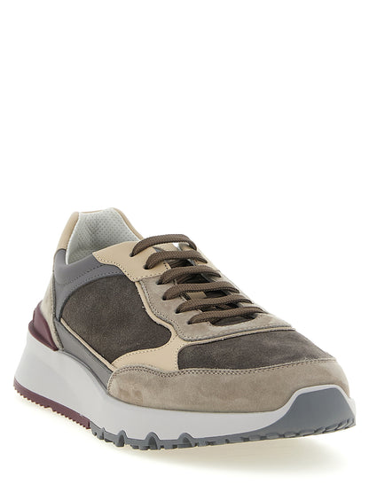 Athletic Sneakers by Brunello Cucinelli for men in nappa & suede calfskin leather burgundy, gray, multicolor & sand features an exquisite silhouette, showcasing the premium athletic style of the Men's Athletic Nappa & Suede Calfskin Leather Sneakers with an exquisite finish.