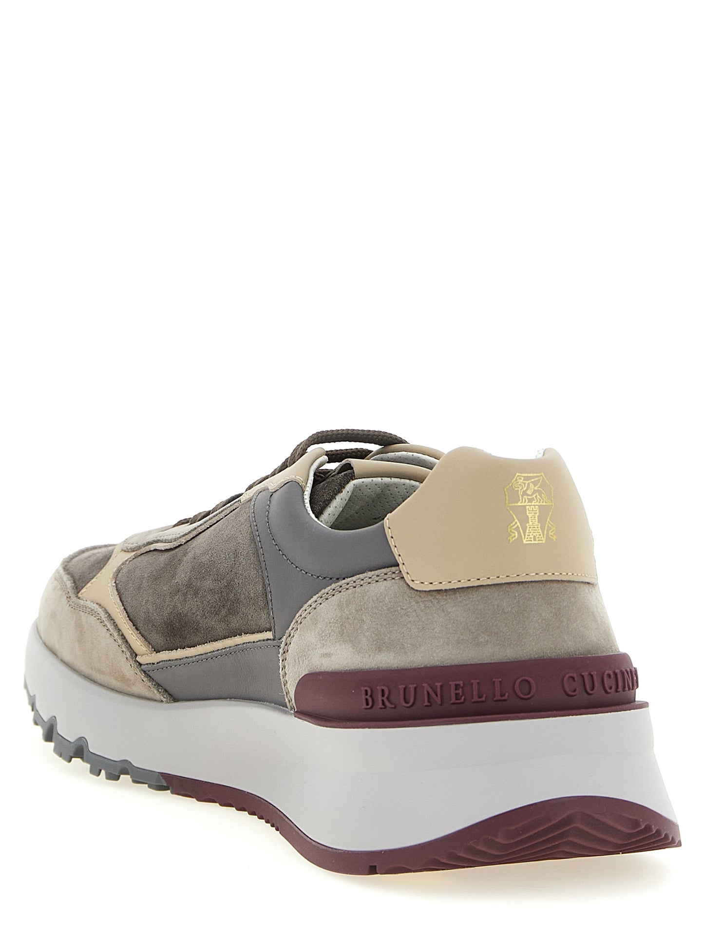 Athletic Sneakers by Brunello Cucinelli for men in nappa & suede calfskin leather burgundy, gray, multicolor & sand showcases a architectural silhouette, artfully capturing the essence of the Men's Athletic Nappa & Suede Calfskin Leather Sneakers with its signature architectural athletic style construction.