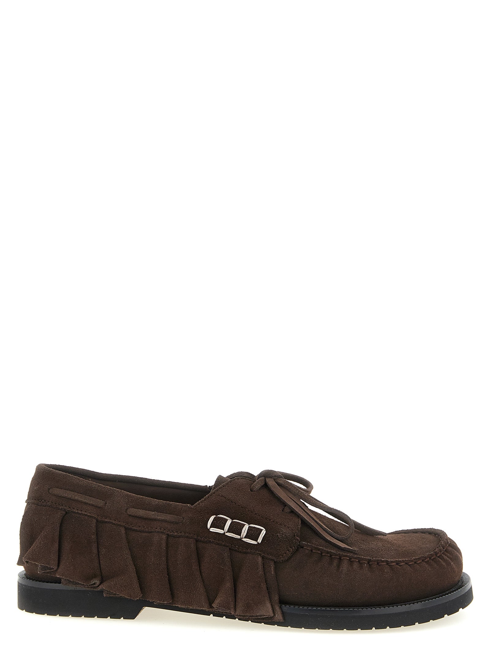 Boat Flat Shoes by J.W.Anderson for men in suede leather brown features an statuesque silhouette from the Men's Suede Leather Boat Flat Shoes collection, showcasing a and a statuesque for a statuesque look.