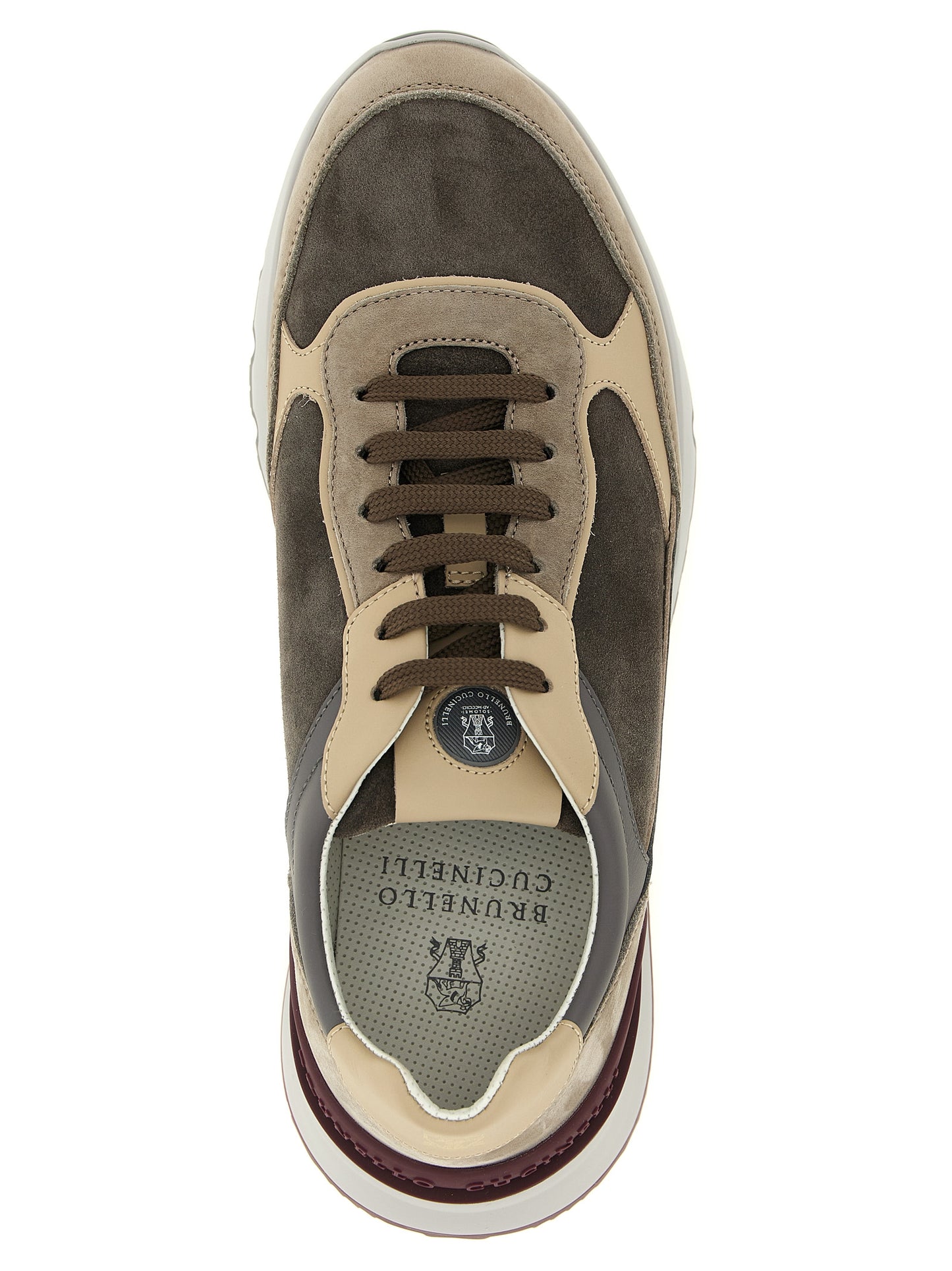 Athletic Sneakers by Brunello Cucinelli for men in nappa & suede calfskin leather burgundy, gray, multicolor & sand showcases an impeccable silhouette, defined by an impeccable athletic style design that perfectly captures the essence of the Men's Athletic Nappa & Suede Calfskin Leather Sneakers.