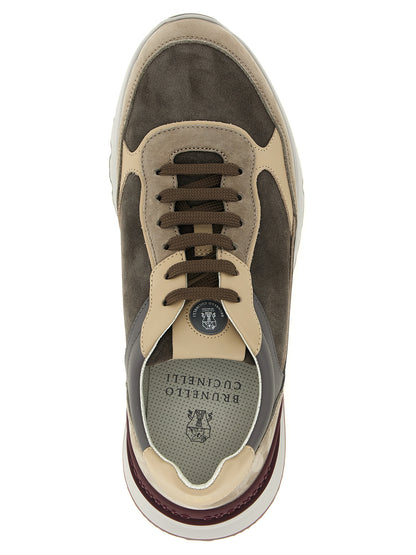 Athletic Sneakers by Brunello Cucinelli for men in nappa & suede calfskin leather burgundy, gray, multicolor & sand showcases an impeccable silhouette, defined by an impeccable athletic style design that perfectly captures the essence of the Men's Athletic Nappa & Suede Calfskin Leather Sneakers.