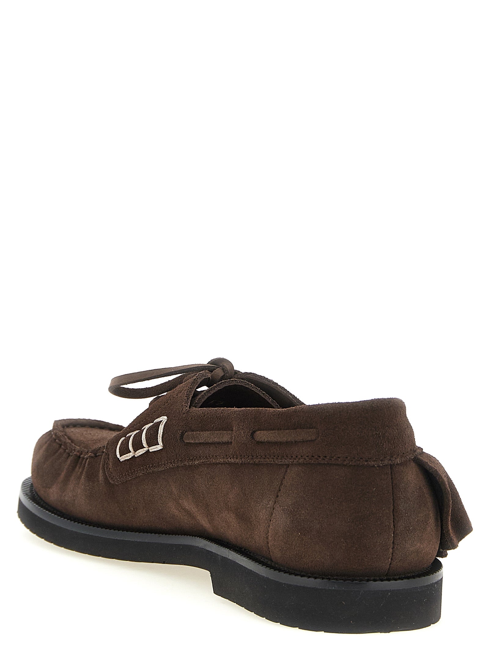 Boat Flat Shoes by J.W.Anderson for men in suede leather brown presents a effortless chic silhouette, showcasing the Men's Suede Leather Boat Flat Shoes design with a effortless chic and for a sophisticated look.