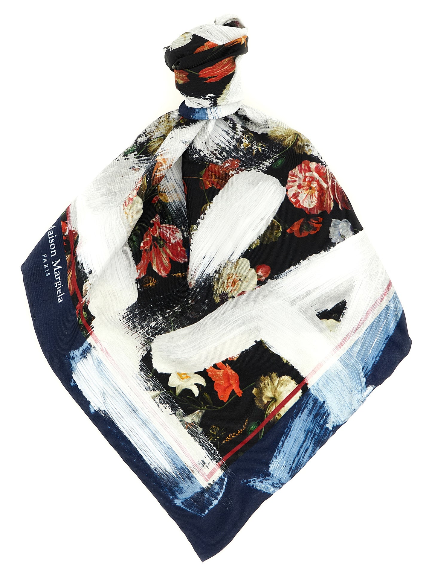 Scarf by Maison Margiela for women in silk multicolor, navy, red, white & floral presents a cosy silhouette, artfully capturing the sophisticated design and premium aesthetic of the Silk Scarf.
