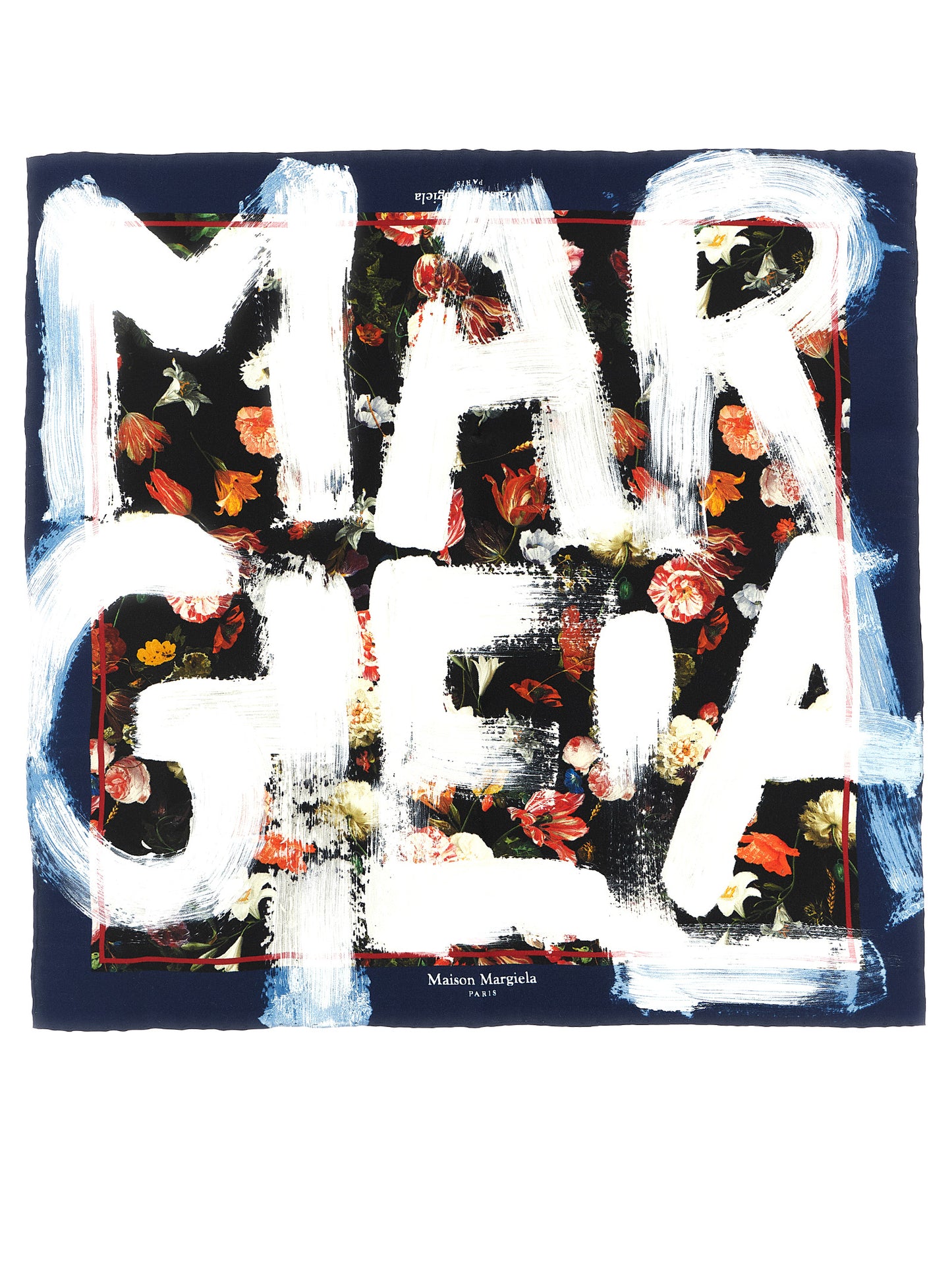 Scarf by Maison Margiela for women in silk multicolor, navy, red, white & floral features a snug silhouette, perfectly showcasing the elegant drape and premium finish of the Silk Scarf.