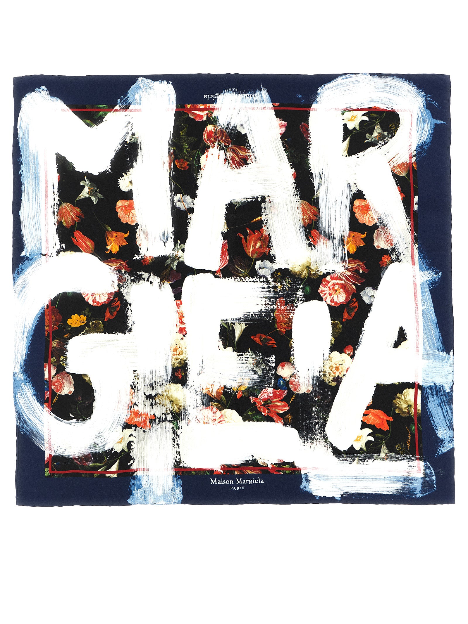 Scarf by Maison Margiela for women in silk multicolor, navy, red, white & floral features a snug silhouette, perfectly showcasing the elegant drape and premium finish of the Silk Scarf.