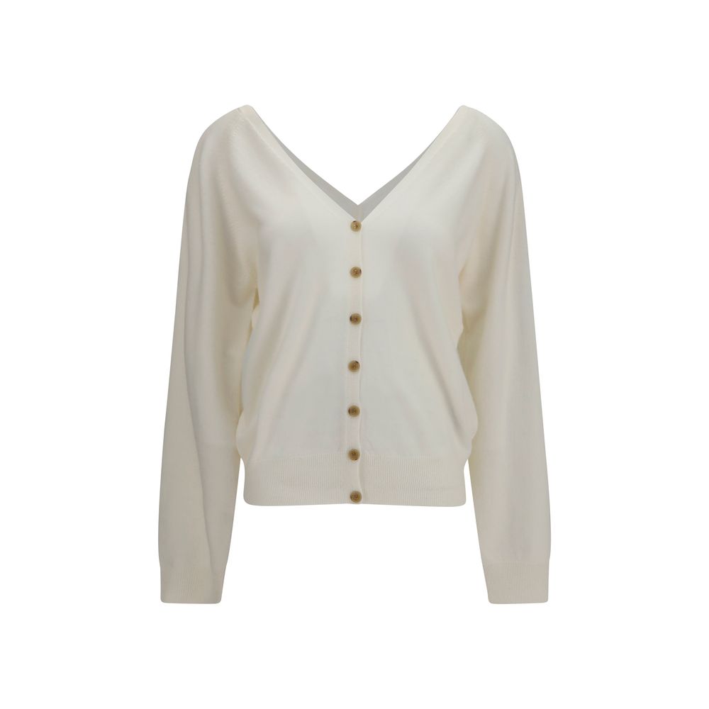 Cardigan by Lisa Yang for women in cashmere & capra leather beige features an impeccable silhouette, showcasing a sophisticated v-neck neckline and detail for a truly impeccable finish.