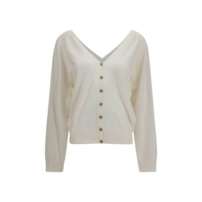 Cardigan by Lisa Yang for women in cashmere & capra leather beige features an impeccable silhouette, showcasing a sophisticated v-neck neckline and detail for a truly impeccable finish.