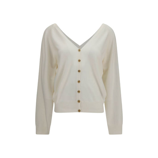 Cardigan by Lisa Yang for women in cashmere & capra leather beige features an impeccable silhouette, showcasing a sophisticated v-neck neckline and detail for a truly impeccable finish.
