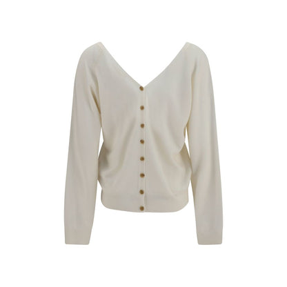 Cardigan by Lisa Yang for women in cashmere & capra leather beige features a nuanced silhouette with a refined v-neck neckline and nuanced detailing for a sophisticated look.