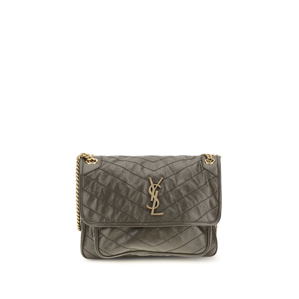 2-in-1 Shoulder & Crossbody Flap Bag by Saint Laurent for women in bos taurus calf leather bicolour, chevron & signature showcases a enviable silhouette, artfully detailed with a secure flap, organized built-in-compartments, and versatile crossbody-strap & shoulder-strap for a enviable look.