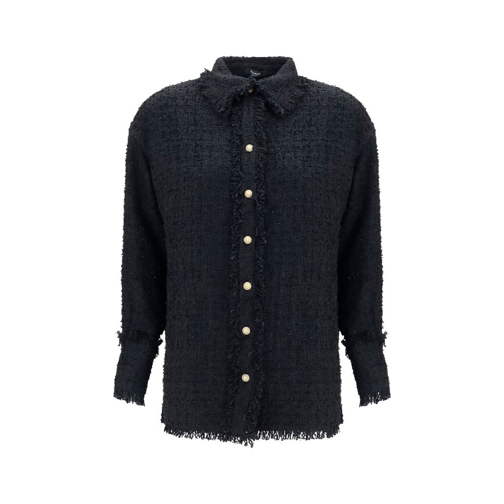Shirt by Balmain for women in polyamide polyester cotton & viscose tweed black, gold, patterned & signature showcases a sublime silhouette, artfully detailed with a sublime shirt-collar neckline and for a sophisticated, sublime finish.