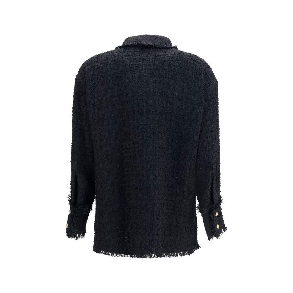 Shirt by Balmain for women in polyamide polyester cotton & viscose tweed black, gold, patterned & signature showcases a sleek silhouette, elegantly detailed with a sleek shirt-collar neckline and for a sleek finish.