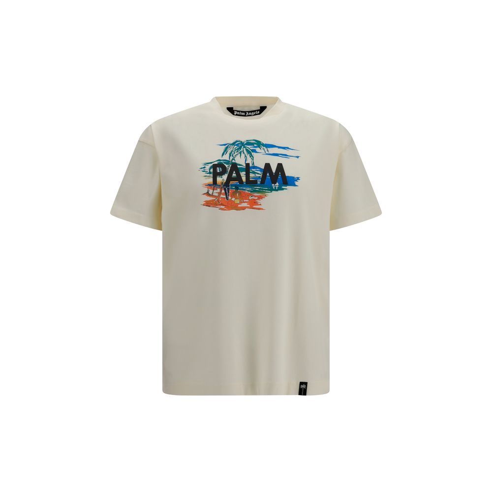 T-Shirt by Palm Angels for men in cotton beige & print features an edgy silhouette, meticulously detailed with a sophisticated short-sleeve and crew neckline for a truly edgy finish.