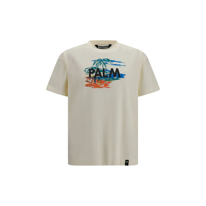 T-Shirt by Palm Angels for men in cotton beige & print features an edgy silhouette, meticulously detailed with a sophisticated short-sleeve and crew neckline for a truly edgy finish.