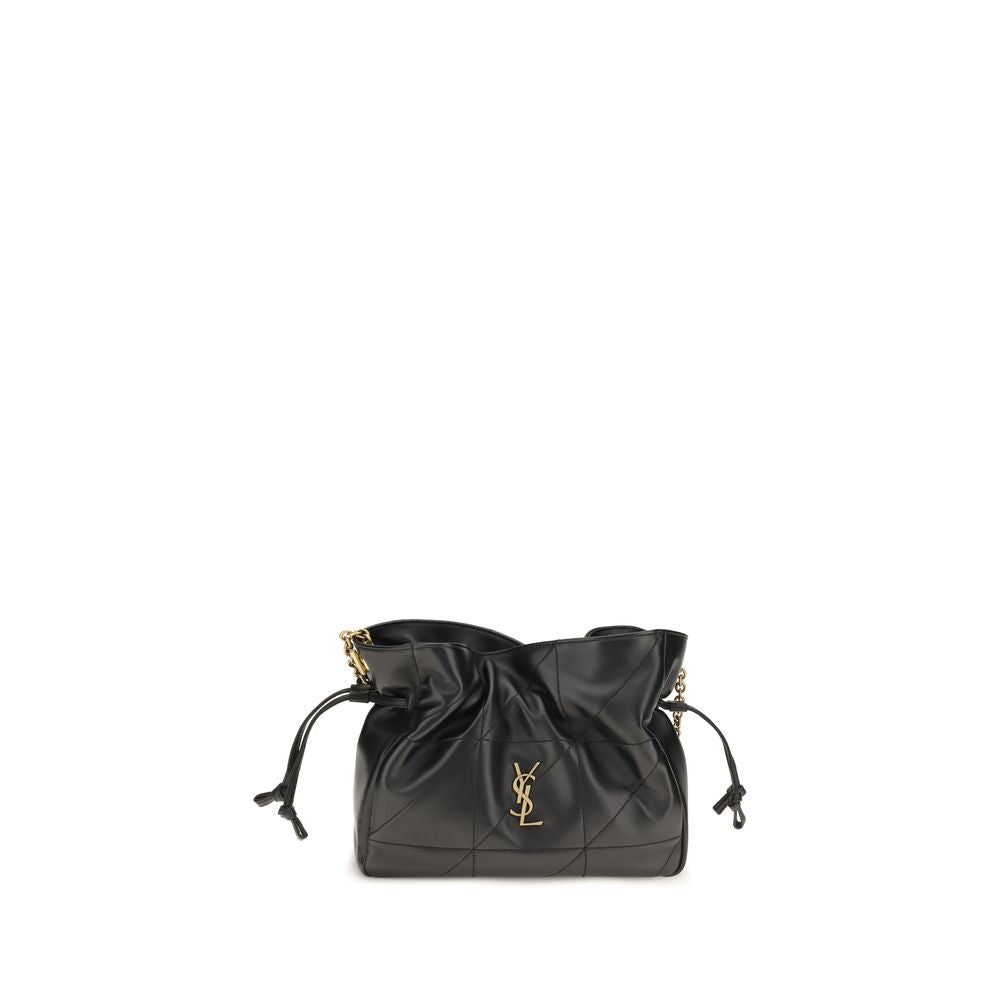 Compact Crossbody Clutch Handbag by Saint Laurent for women in lamb leather black features a architectural silhouette, showcasing a secure drawstring, ample , and versatile crossbody-strap for a architectural finish.