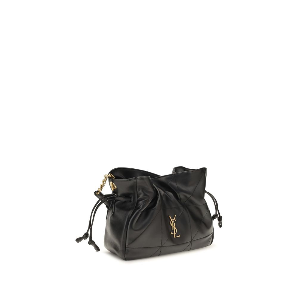 Compact Crossbody Clutch Handbag by Saint Laurent for women in lamb leather black showcases a sculptural silhouette, featuring a secure drawstring, ample , and versatile crossbody-strap for a sculptural aesthetic.