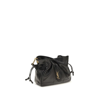 Compact Crossbody Clutch Handbag by Saint Laurent for women in lamb leather black showcases a sculptural silhouette, featuring a secure drawstring, ample , and versatile crossbody-strap for a sculptural aesthetic.