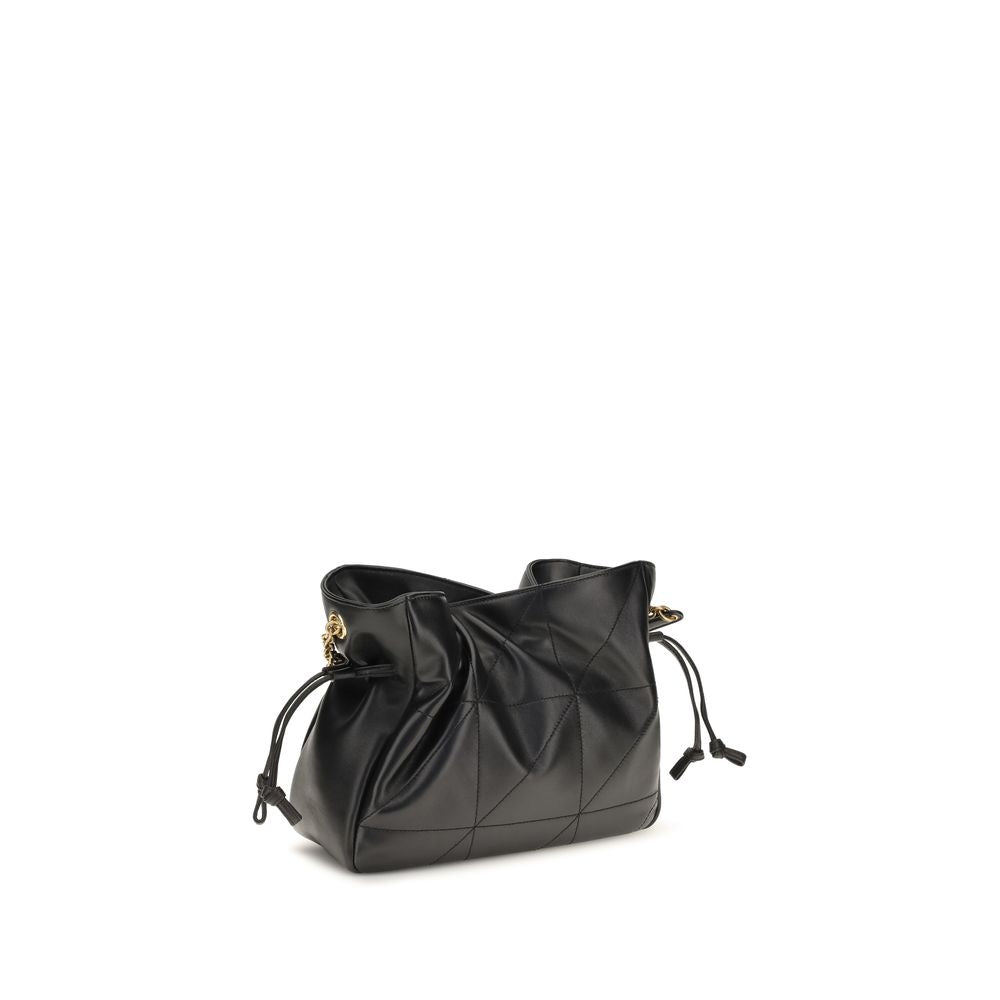 Compact Crossbody Clutch Handbag by Saint Laurent for women in lamb leather black features an sculptural silhouette, showcasing a secure drawstring and sculptural with versatile crossbody-strap for a sophisticated look.
