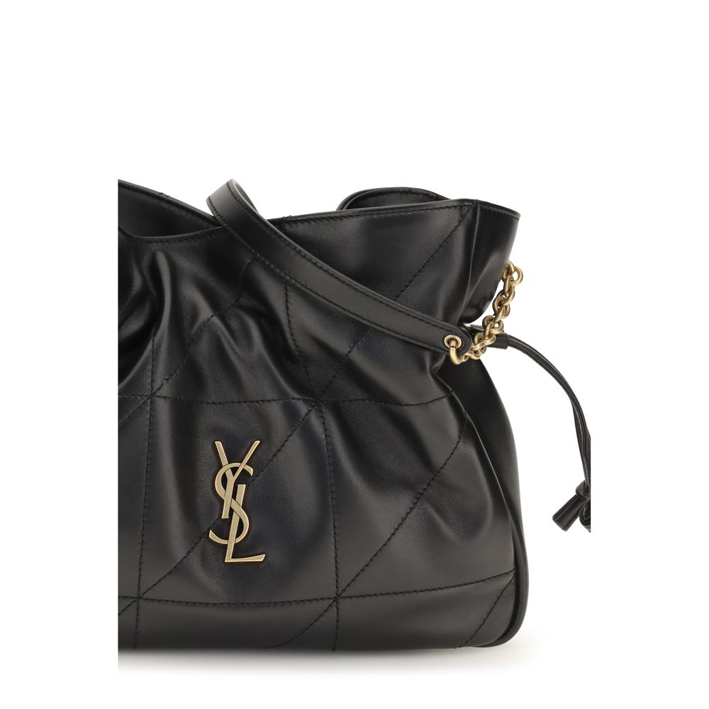 Compact Crossbody Clutch Handbag by Saint Laurent for women in lamb leather black features a statuesque silhouette, showcasing a secure drawstring and organized with versatile crossbody-strap for statuesque evening wear.