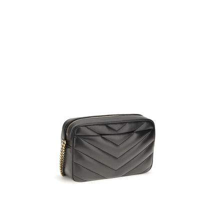 Crossbody Camera Shoulder Bag by Saint Laurent for women in leather & cotton black, bronze & chevron features an effortlessly chic silhouette with a secure zipper, ample , and versatile crossbody-strap, shoulder-strap & adjustable-strap for effortlessly chic everyday luxury.