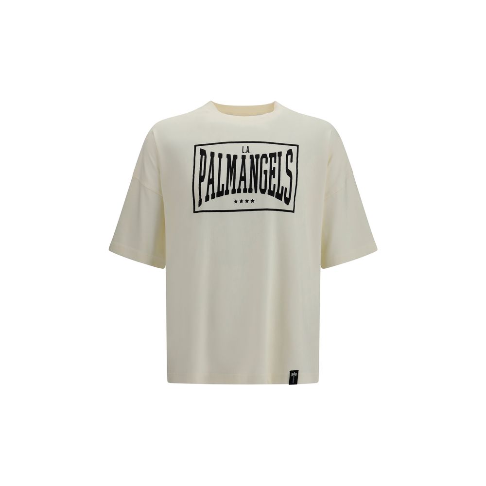 T-Shirt by Palm Angels for men in cotton beige showcases a fashionable silhouette, elegantly detailed with a fashionable short-sleeve and crew neckline for a sophisticated, high-fashion look.