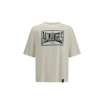 T-Shirt by Palm Angels for men in cotton beige showcases a fashionable silhouette, elegantly detailed with a fashionable short-sleeve and crew neckline for a sophisticated, high-fashion look.