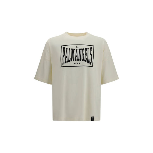 T-Shirt by Palm Angels for men in cotton beige showcases a fashionable silhouette, elegantly detailed with a fashionable short-sleeve and crew neckline for a sophisticated, high-fashion look.