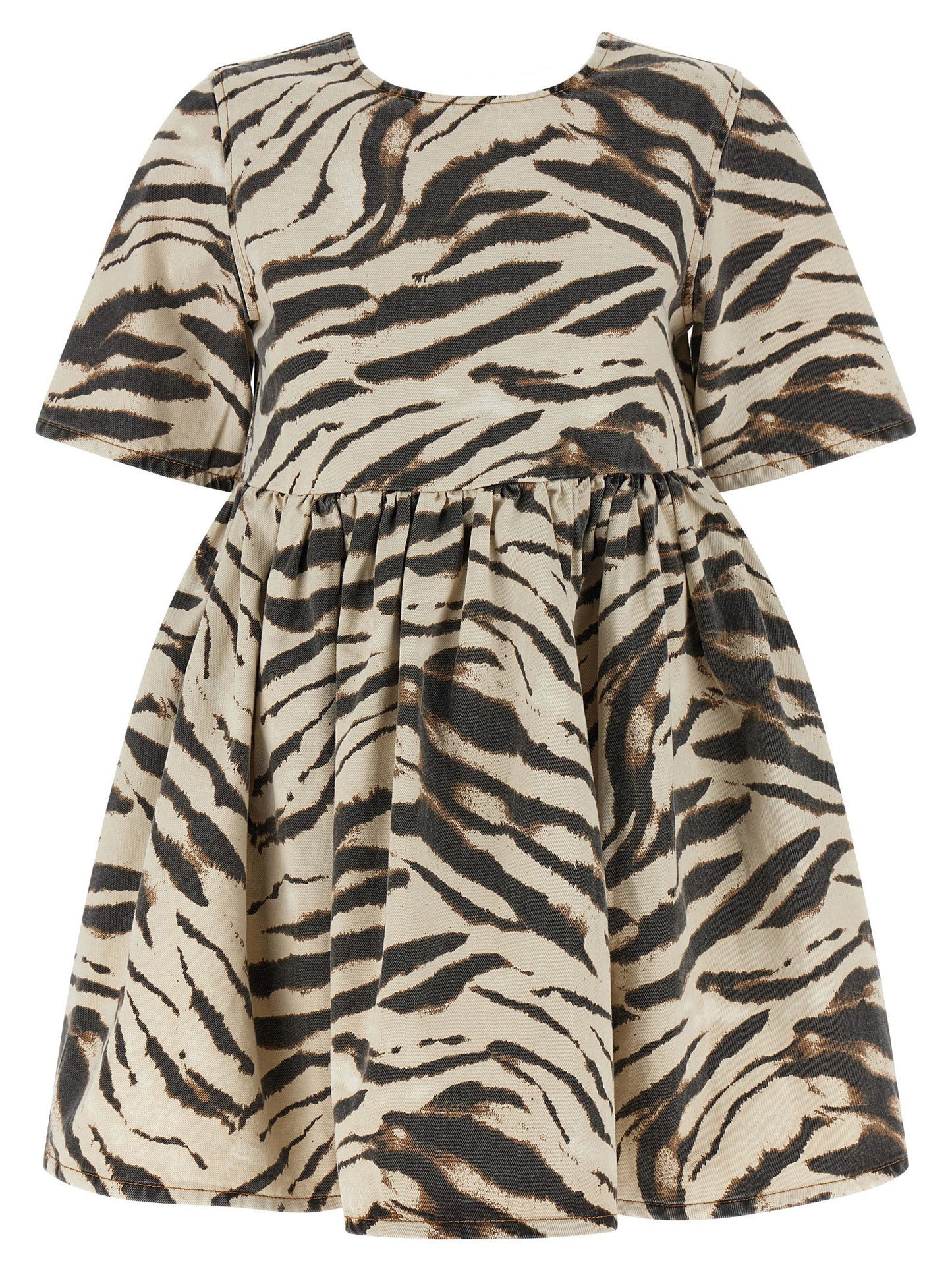 Dress by Ganni for women in organic cotton denim multicolor, zebra & print presents a sinuous silhouette, showcasing a sophisticated round neckline and short-sleeve detailed with a sinuous short mini for a refined finish.