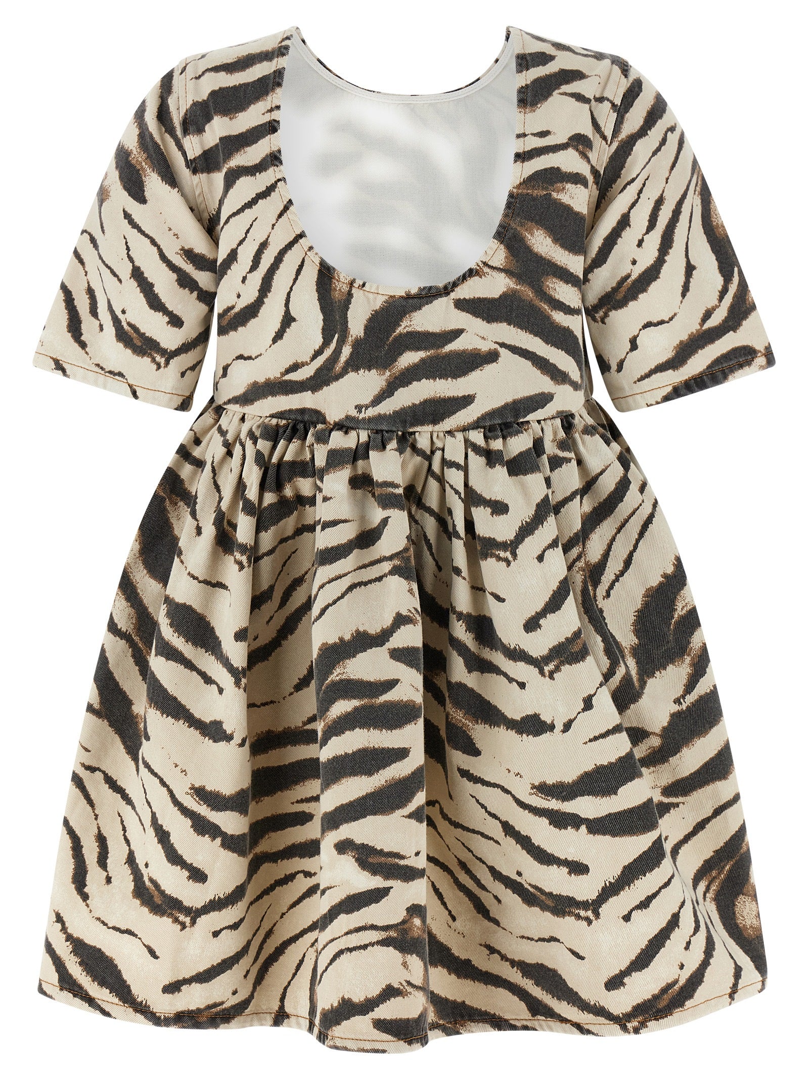 Dress by Ganni for women in organic cotton denim multicolor, zebra & print features an magnificent silhouette, artfully detailed with a magnificent round neckline and that flows into an magnificent short mini.