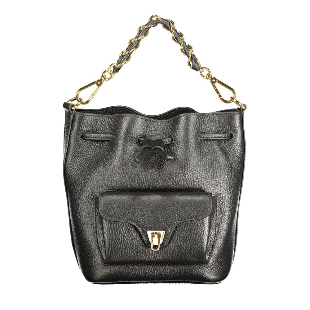 Drawstring Handbag by Coccinelle for women in leather black features an refined silhouette, showcasing a secure drawstring, ample internal-pockets, and versatile shoulder-strap, adjustable-strap & handle for a sophisticated refined aesthetic.