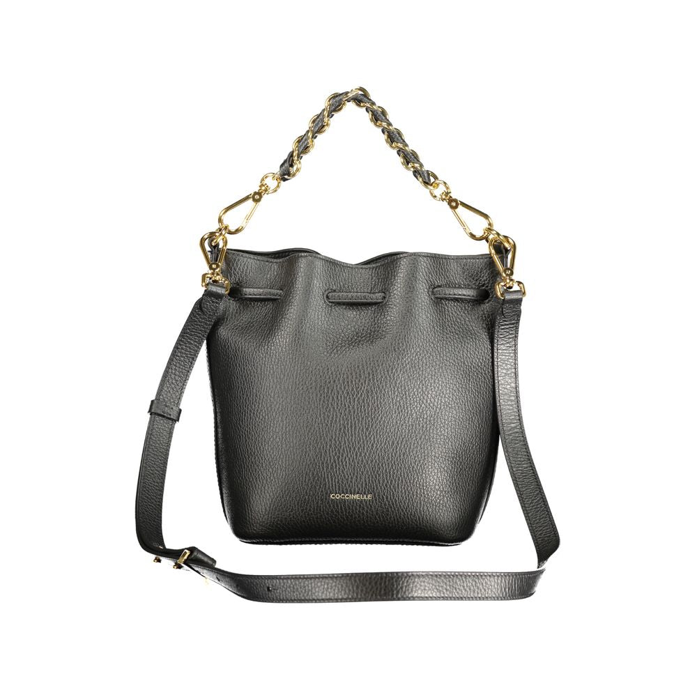 Drawstring Handbag by Coccinelle for women in leather black features a ornamental silhouette, showcasing a secure drawstring, ample internal-pockets, and ornamental shoulder-strap, adjustable-strap & handle for a sophisticated look.