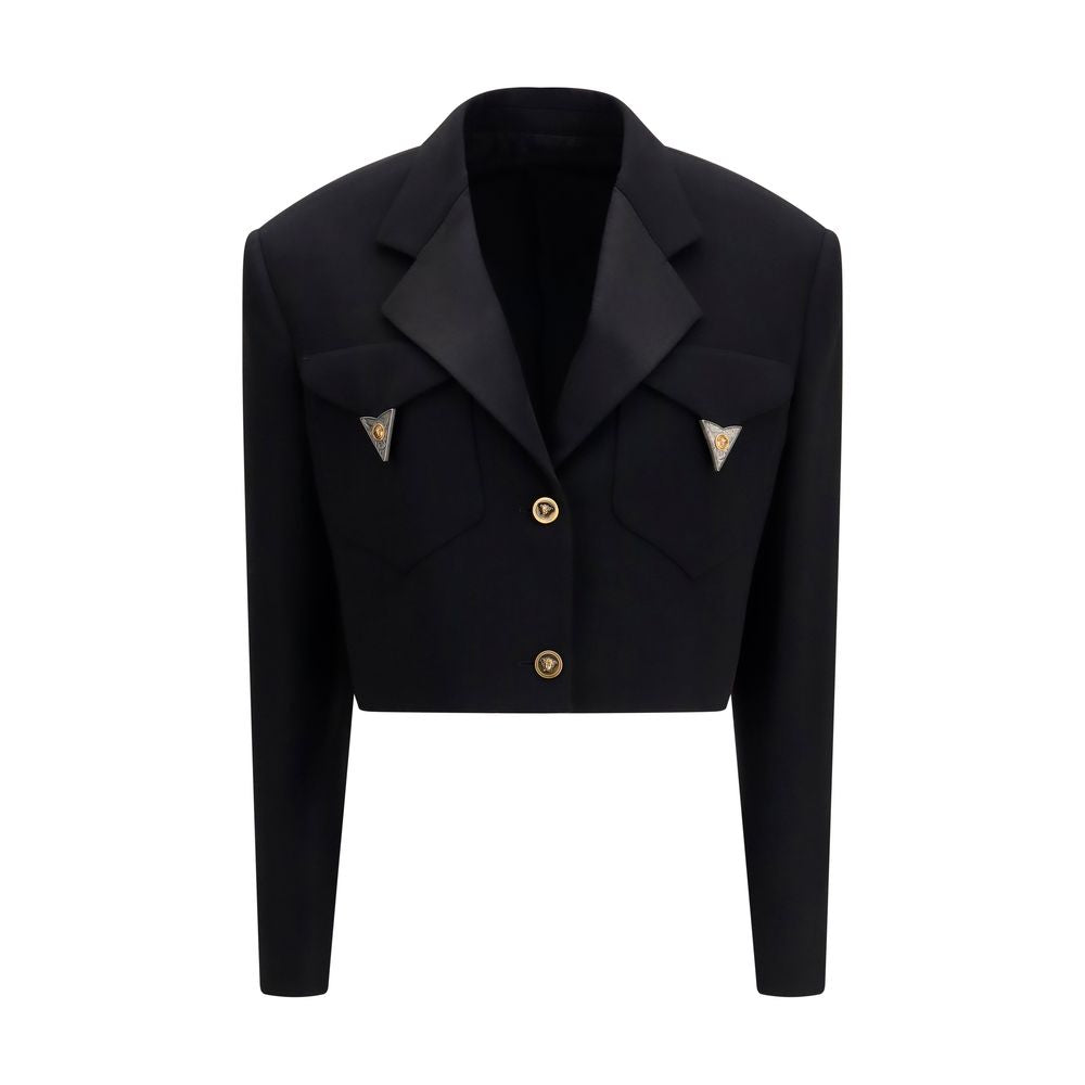 Blazer by Versace for women in satin merino wool black & signature showcases a discerning silhouette, elegantly detailed with a sophisticated lapel neckline and premium for a truly discerning finish.