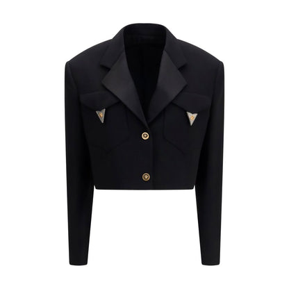 Blazer by Versace for women in satin merino wool black & signature showcases a discerning silhouette, elegantly detailed with a sophisticated lapel neckline and premium for a truly discerning finish.