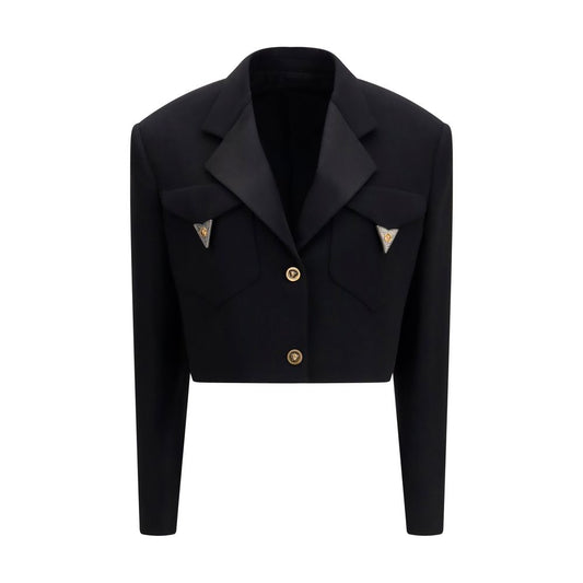 Blazer by Versace for women in satin merino wool black & signature showcases a discerning silhouette, elegantly detailed with a sophisticated lapel neckline and premium for a truly discerning finish.