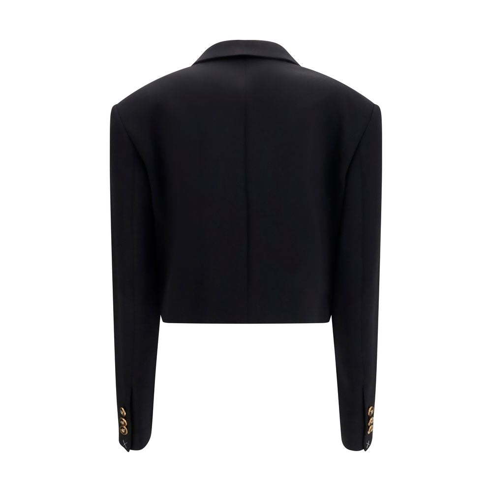 Blazer by Versace for women in satin merino wool black & signature features an sartorial silhouette, showcasing a sophisticated lapel neckline and sartorial for a truly sartorial finish.