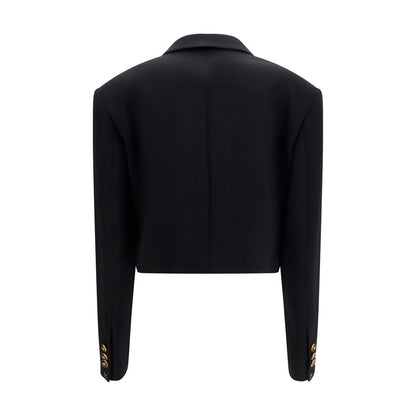 Blazer by Versace for women in satin merino wool black & signature features an sartorial silhouette, showcasing a sophisticated lapel neckline and sartorial for a truly sartorial finish.