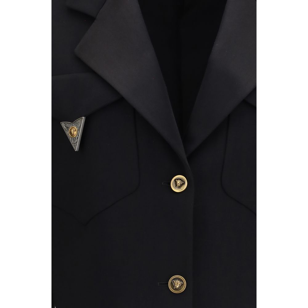 Blazer by Versace for women in satin merino wool black & signature showcases a polished silhouette, highlighted by a refined and polished for a sophisticated finish.