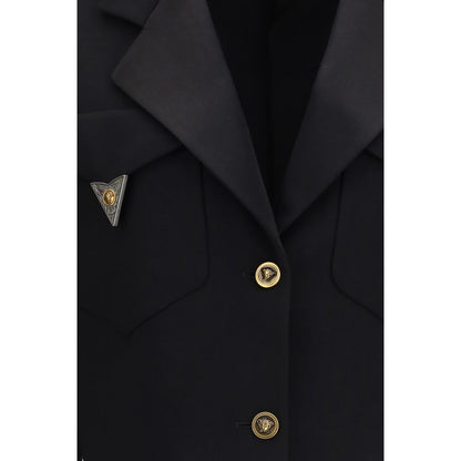 Blazer by Versace for women in satin merino wool black & signature showcases a polished silhouette, highlighted by a refined and polished for a sophisticated finish.