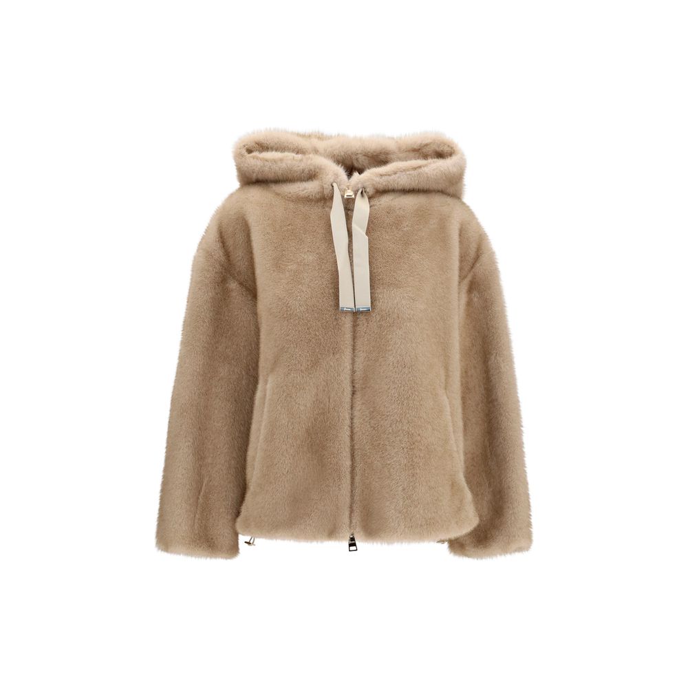 Hooded Overcoat by Herno for women in polyester satin & fur beige & print showcases a architectural silhouette, artfully detailed with a distinctive hooded neckline and functional pockets & hooded for a architectural finish.