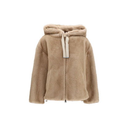 Hooded Overcoat by Herno for women in polyester satin & fur beige & print showcases a architectural silhouette, artfully detailed with a distinctive hooded neckline and functional pockets & hooded for a architectural finish.