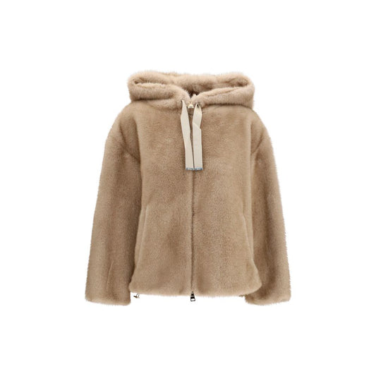 Hooded Overcoat by Herno for women in polyester satin & fur beige & print showcases a architectural silhouette, artfully detailed with a distinctive hooded neckline and functional pockets & hooded for a architectural finish.