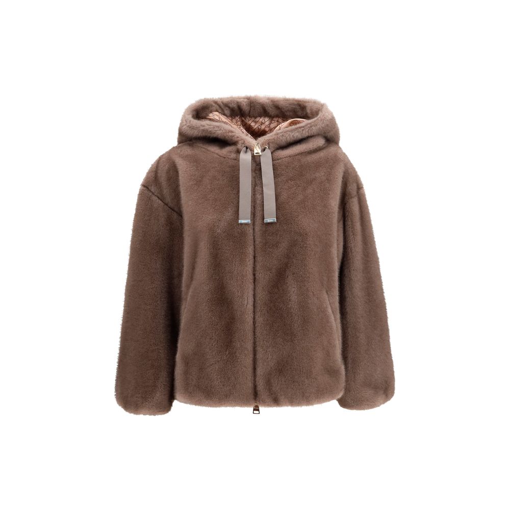 Hooded Overcoat by Herno for women in polyester satin & fur brown & print features an voluminous silhouette, showcasing distinct pockets & hooded and a voluminous hooded neckline for a truly voluminous aesthetic.