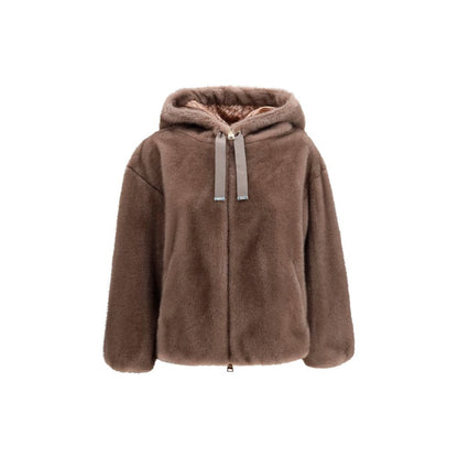 Hooded Overcoat by Herno for women in polyester satin & fur brown & print features an voluminous silhouette, showcasing distinct pockets & hooded and a voluminous hooded neckline for a truly voluminous aesthetic.